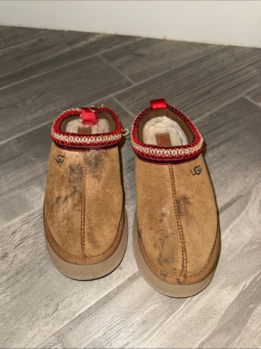 UGG Tazz Chestnut Suede Slip-On Platform Clogs with Red Trim